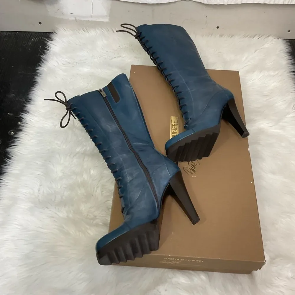 NEW Donald J Pliner Women's Blue Denim Oilskin Calf Lace Up Heel Boots Size 7